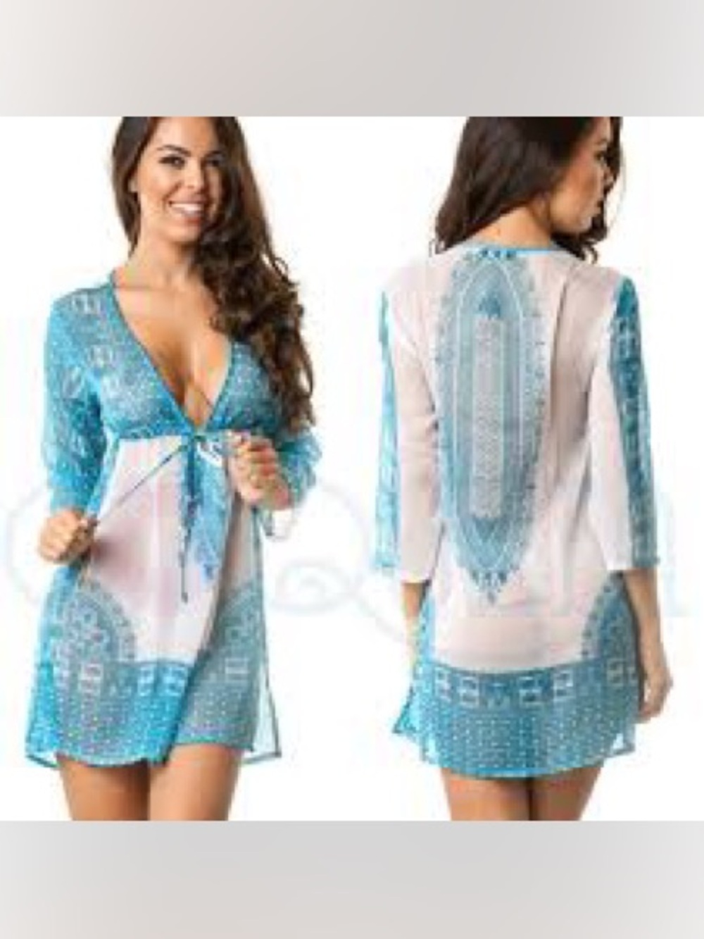 Women's Blue Printed Swim Cover-Up Tunic